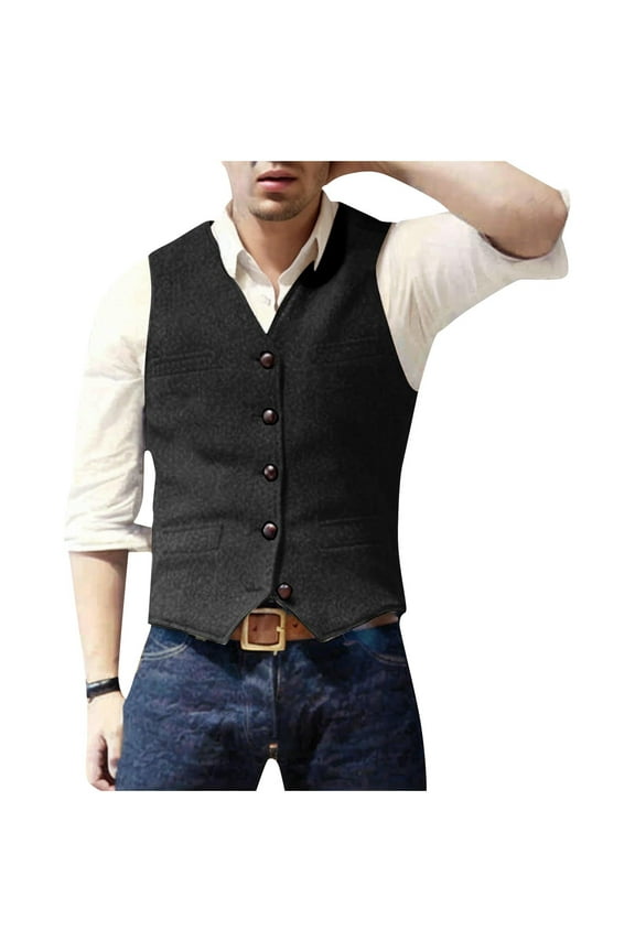 Men's Tweed Suit Western Cowboy Vintage Slim Fit Dress Vest Herringbone Wool Prom Waistcoat Groomsmen Black