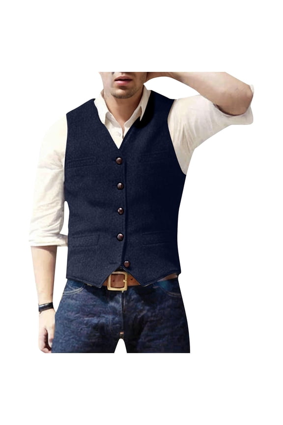 Men's Tweed Suit Western Cowboy Vintage Slim Fit Dress Vest Herringbone Wool Prom Waistcoat Groomsmen Navy