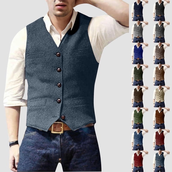 RYDCOT Men's Tweed Suit Western Cowboy Vintage Slim Fit Dress Vest Herringbone Wool Prom Waistcoat Groomsmen Silver