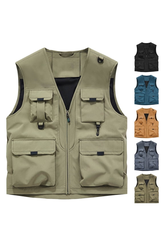 Men's Utility Fishing Vest Waterproof Lightweight Outdoor Work Sai Travel Cargo Vest with Multi-Pockets Khaki