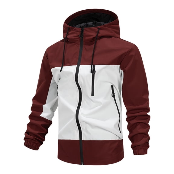 RYDCOT Men's Varsity Hooded Windproof and Waterproof Jacket Color Block Streetwear Bomber Baseball Jacket Wine