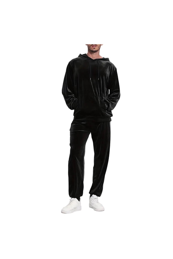Men's Velour Hoodie Tracksuit 2 Pieces Set Jogging Sweatsuits Outfits Spring Fall Warm Clothes Full Zip Velvet Hooded Sweatshirt Black