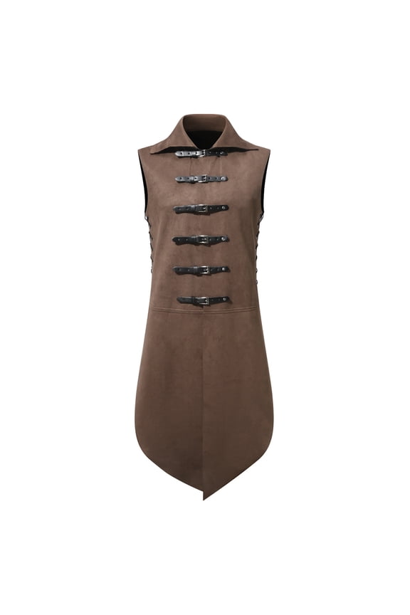 Men's Viking Long Waistcoats Vest Adjustable Buckle Sleeveless Aketon Armor Medieval Knight Surcoat Pirate Costume Dress Brown
