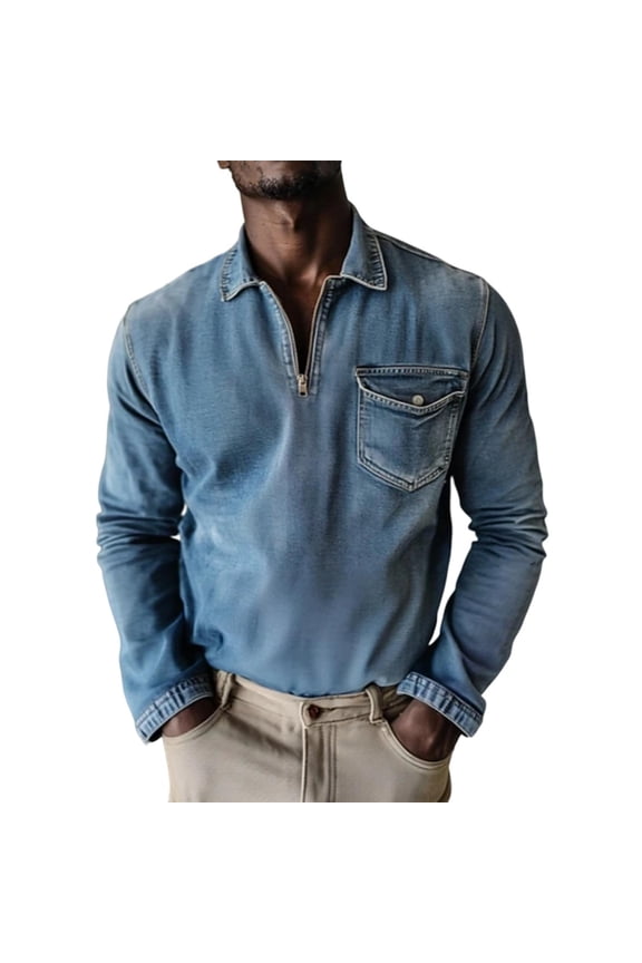 Men's Vintage Denim Polo Shirts Long Sleeve Distressed Washed Cotton 1/4 Zip Western Cowboy Shirts Regular Fit Casual Spring Fall Tee Tops with Chest Pockets Blue