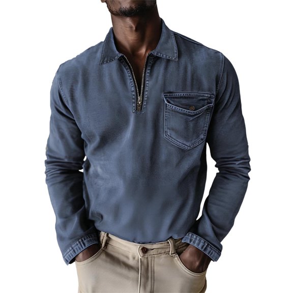 RYDCOT Men's Vintage Denim Polo Shirts Long Sleeve Distressed Washed Cotton 1/4 Zip Western Cowboy Shirts Regular Fit Casual Spring Fall Tee Tops with Chest Pockets Navy