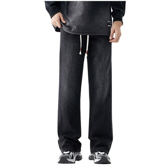 RYDCOT Men's Vintage Elastic Drawstring Waist Cotton Jeans Casual Loose Straight Leg Denim Pants with Pocket Black