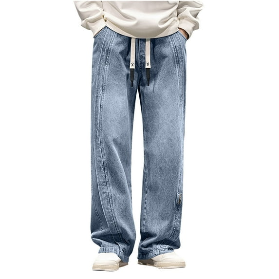 RYDCOT Men's Vintage Elastic Drawstring Waist Jeans Casual Solid Color Straight Leg Denim Pants Blue