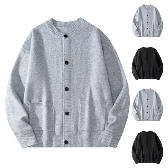 RYDCOT Men's Vintage Lightweight Cardigan Oversized Button Down Crew Collar Neck Classic Soft Knit Sweaters Casual Workout Tops Gray