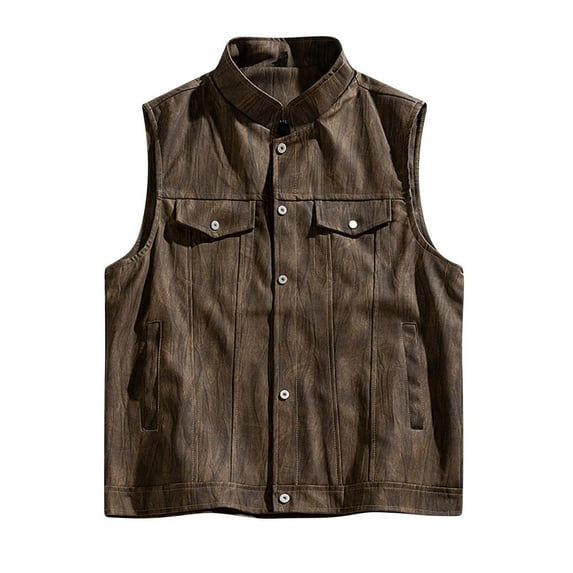 RYDCOT Men's Vintage Motorcycle Faux Leather Vest Punk- Classic Black Leather, Banded Collar, Covered Snaps Coffee