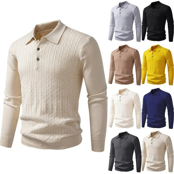 RYDCOT Men's Vintage Ribbed Knit Polo Sweater Lightweight Long Sleeve Collared Knit Shirts Solid Pullover Tops Yellow