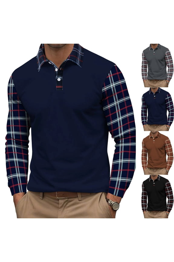 Men's Vintage Three Button Polo Shirts Sweater Color Block Lightweight Plaid Splice Long Sleeve Collared Knit Shirts Gray