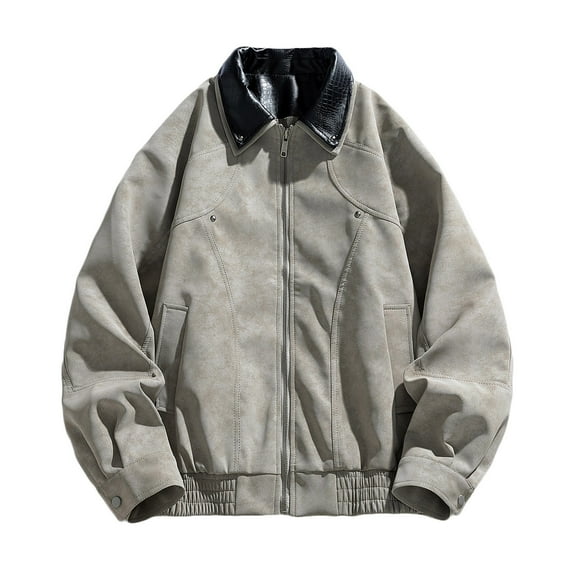 RYDCOT Men's Vintage Washed Leather Baseball Jackets, Faux Bomber Jacket for Men Motorcycle Lapel Zip-up Loose Fit Biker Coat with Multiple Pockets Beige