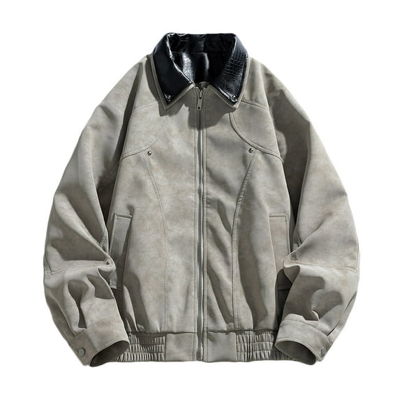 RYDCOT Men's Vintage Washed Leather Baseball Jackets, Faux Bomber Jacket for Men Motorcycle Lapel Zip-up Loose Fit Biker Coat with Multiple Pockets Beige