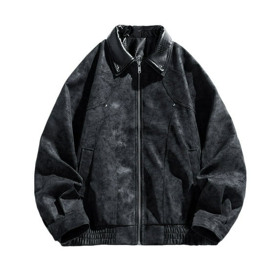 RYDCOT Men's Vintage Washed Leather Baseball Jackets, Faux Bomber Jacket for Men Motorcycle Lapel Zip-up Loose Fit Biker Coat with Multiple Pockets Black