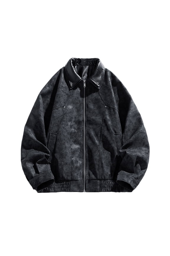 Men's Vintage Washed Leather Baseball Jackets, Faux Bomber Jacket for Men Motorcycle Lapel Zip-up Loose Fit Biker Coat with Multiple Pockets Black