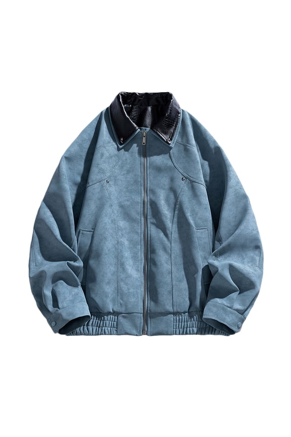 Men's Vintage Washed Leather Baseball Jackets, Faux Bomber Jacket for Men Motorcycle Lapel Zip-up Loose Fit Biker Coat with Multiple Pockets Blue