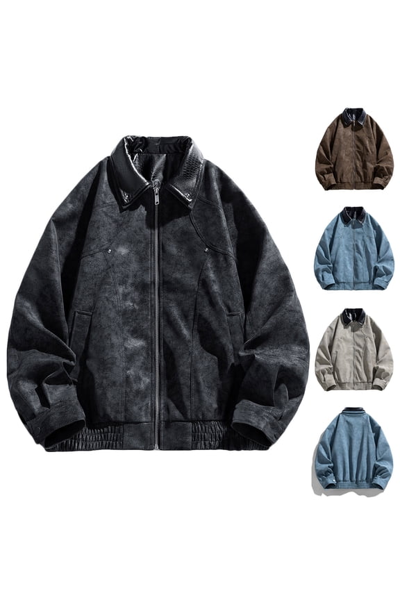 Men's Vintage Washed Leather Baseball Jackets, Faux Bomber Jacket for Men Motorcycle Lapel Zip-up Loose Fit Biker Coat with Multiple Pockets Coffee