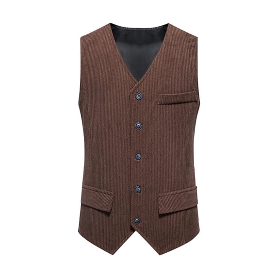 RYDCOT Men's Vintage Western Corduroy Suit Vest Casual Slim Fit V-Neck Single-Breasted Dress Waistcoat Coffee