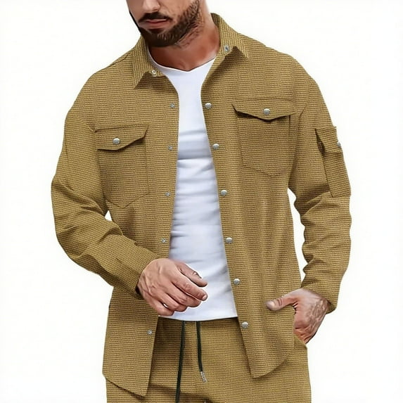 RYDCOT Men's Waffle Button Down Shirts Jackets Casual Long Sleeve Shacket Lightweight Overshirts with Flap Pockets Yellow