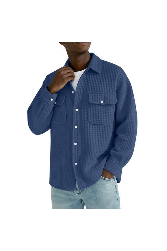 Men's Waffle Corduroy Shirt Jacket Big and Tall Shacket Button Down Textured Overshirt with Flap Pockets, S-4XL Navy
