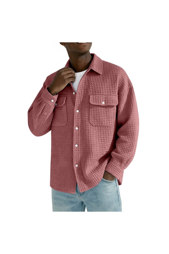 Men's Waffle Corduroy Shirt Jacket Big and Tall Shacket Button Down Textured Overshirt with Flap Pockets, S-4XL Watermelon Red