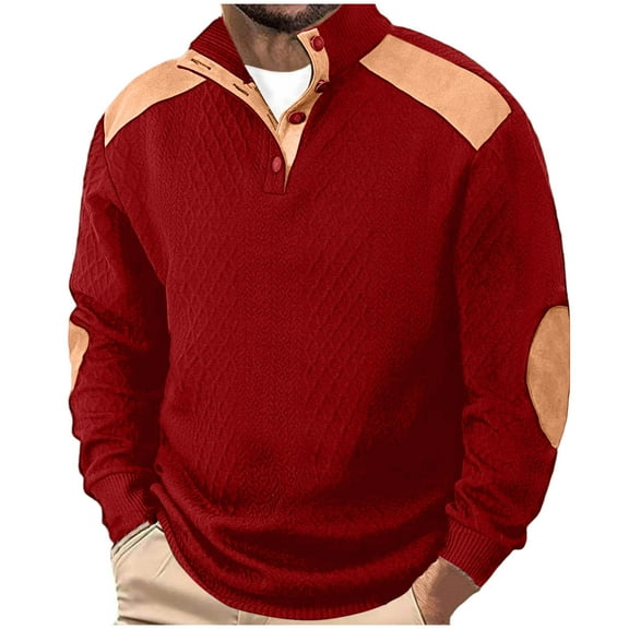 RYDCOT Men's Waffle Knit Jacquard Quilted Sweatshirt Casual Waffle Stand Collar Button up Long Sleeve Pullover Sweatshirts with Elbow Patchs Red
