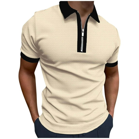 RYDCOT Men's Waffle Knit Short Sleeve Casual Quarter Zip Polo Shirts Beige