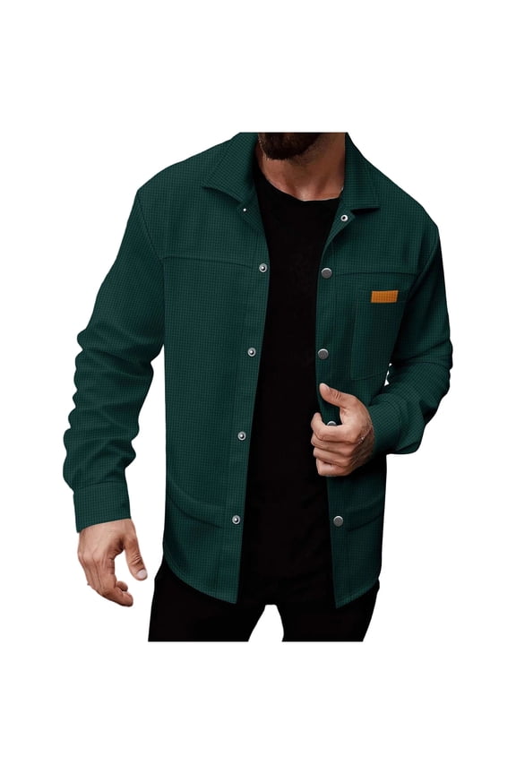 Men's Waffle Shacket Metal Snap Button Down Work Jackets Casual Lightweight Western Cowboy Long Sleeve Cargo Shirt Jacket Green