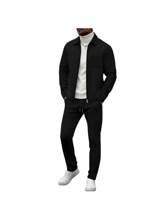 Men's Waffle Tracksuit 2 Piece Set Full Zip Casual Jackets and Pants 2 Piece Outfits Solid Athletic Jogging Suit Sets Black