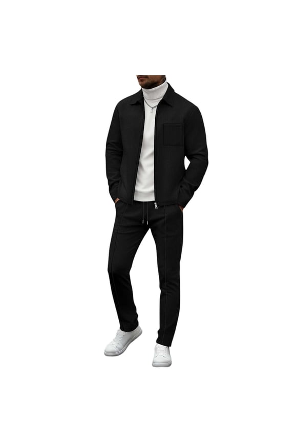 Men's Waffle Tracksuit 2 Piece Set Full Zip Casual Jackets and Pants 2 Piece Outfits Solid Athletic Jogging Suit Sets Black
