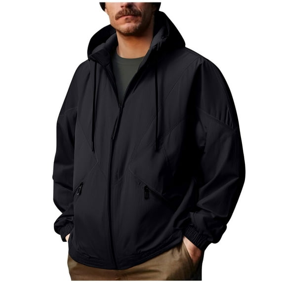 RYDCOT Men's Warm Jacket Winter Solid Color Long Sleeved Hooded Workwear Coat Waterproof Hooded Jacket Black