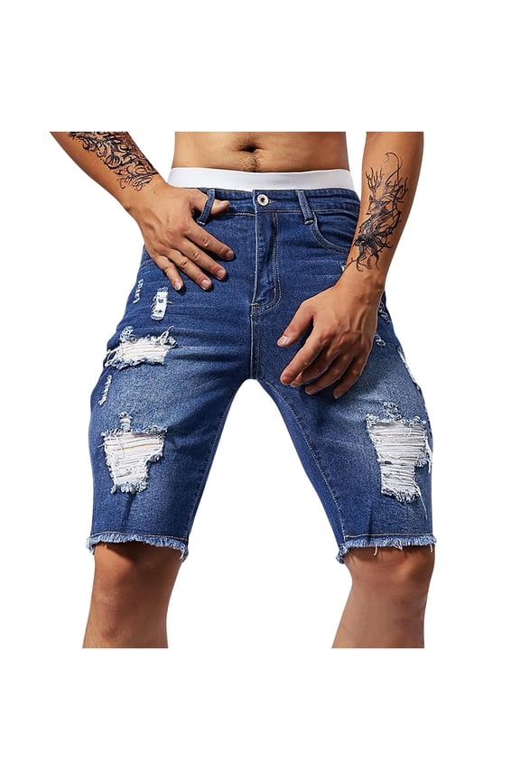 Men's Washed Vintage Distressed Jean Shorts Ripped Bermuda Denims Casual Fitted Streetwear Stretch Skinny Slim Fit Denim Shorts Blue