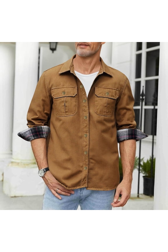 Men's Western Cowboy Shirt Jacket Waxed Cotton Button Down Corduroy Shirt Work Jackets with 2 Flap Pocket and Plaid Lined Khaki