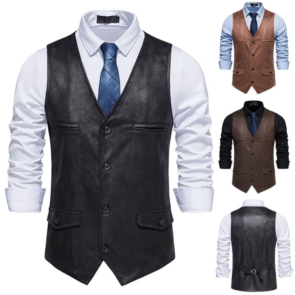 RYDCOT Men's Western Cowboy Suit Vest Slim Fit Faux Suede Leather Dress Vests Waistcoat Sleeveless Jacket for Wedding Khaki
