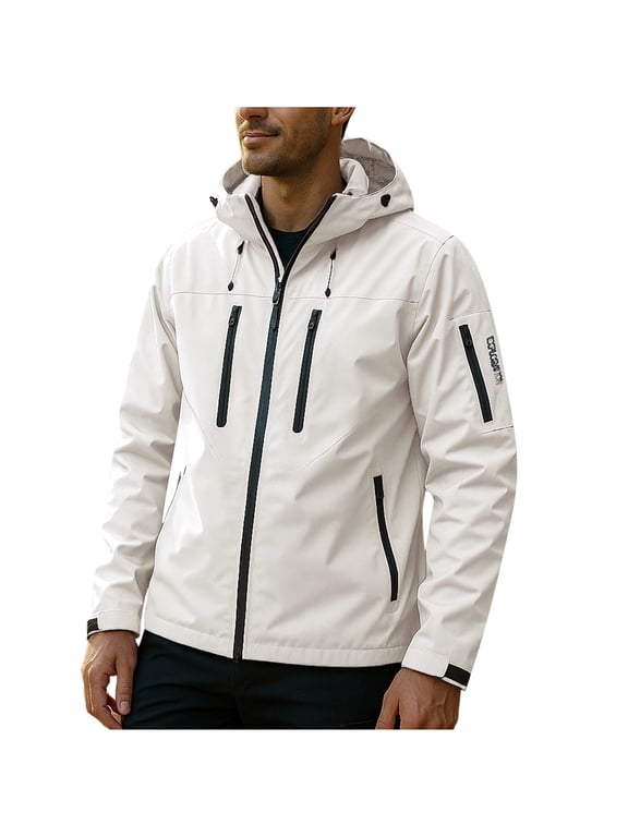 Men's Windbreaker Water Resistant Jacket Lightweight Hooded Windproof Jackets with Zipper Pockets Hiking Outdoor White