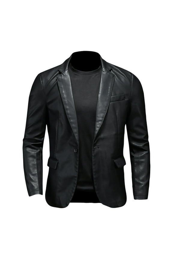 Men's Winter Casual Notched Collar One Button Moto Faux Leather Business Blazer Suit Jacket Sport Coats Outwear Leather Jacket Men Black