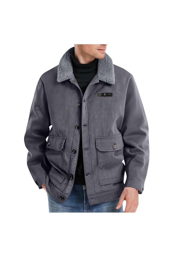 Men's Winter Faux Suede Jacket Thick thermal Cotton Warm Fleece Lined Coat Trucker Lapel Work Cowboy Cargo Jackets for Men with Muti Pockets with Faux Fleece Collar Dark Gray