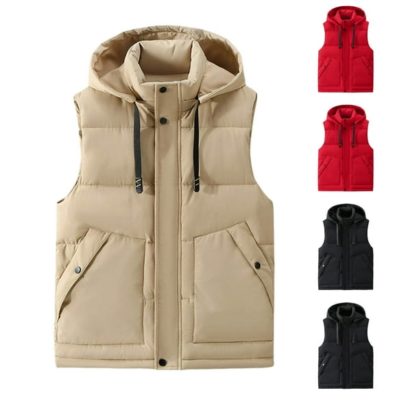 RYDCOT Men's Winter Vest Removable Hooded Sleeveless Vest Casual Warm Zip up Jacket Outerwear Red