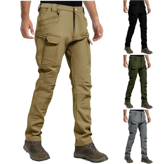RYDCOT Men's Winter Work Pants Fleece Lined Snow Ski Pant Plus Plush Thicken Cargo Hiking Trousers with Multi Pocket Khaki