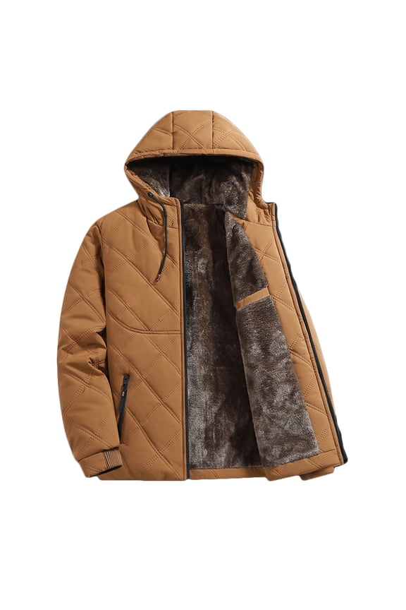 Men's Work Coat Fleece Lined Windproof Workwear Winter Hooded Warm Jacket with Zipper Pockets Coffee