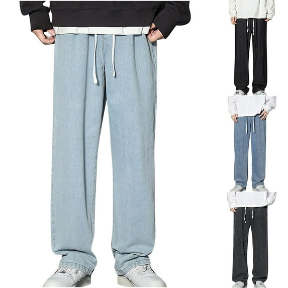 RYDCOT Men's Work Jeans Casual Hip Hop Cargo Solid Color Loose Fit Straight Wide Leg Cotton Denim Pants Light Blue