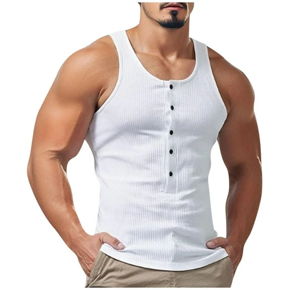 RYDCOT Men's Workout Button up Tank Tops Sleeveless Gym Muscle Knitted Striped Henley Shirt Casual Basic Summer Beach Tops White