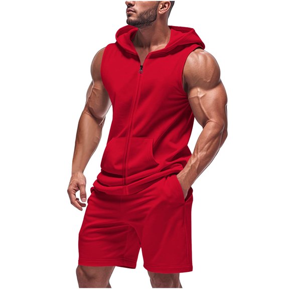 RYDCOT Men's Workout Hooded Tank Tops Zip up Sleeveless Gym Shirts Bodybuilding Hoodies Muscle Solid Color T Shirt Red M(M)