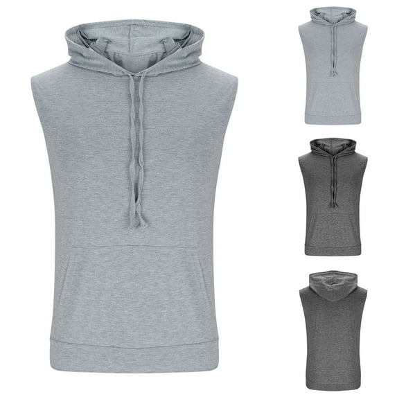 RYDCOT Men's Workout Quick Drying Cotton Hooded Tank Tops Sleeveless Gym Training Hoodies Bodybuilding Muscle Cut off T Shirt with Pocket Gray