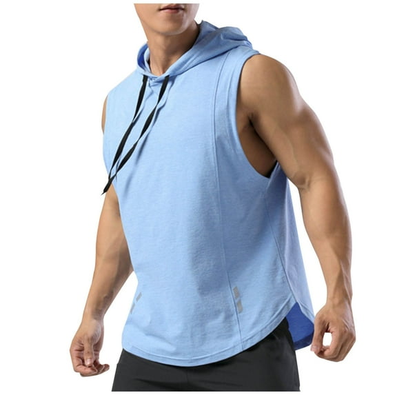 RYDCOT Men's Workout Quick Drying Hooded Tank Tops Sleeveless Gym Training Hoodies Bodybuilding Muscle Cut off T Shirt Sky Blue