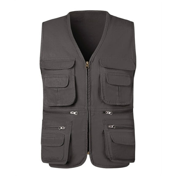 RYDCOT Men's Workwear Vest Outdoor Casual Multi Pocket Sleeveless V-Neck Jacket Outdoor Photography Cotton Jacket Gray