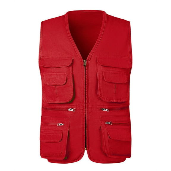 RYDCOT Men's Workwear Vest Outdoor Casual Multi Pocket Sleeveless V-Neck Jacket Outdoor Photography Cotton Jacket Red