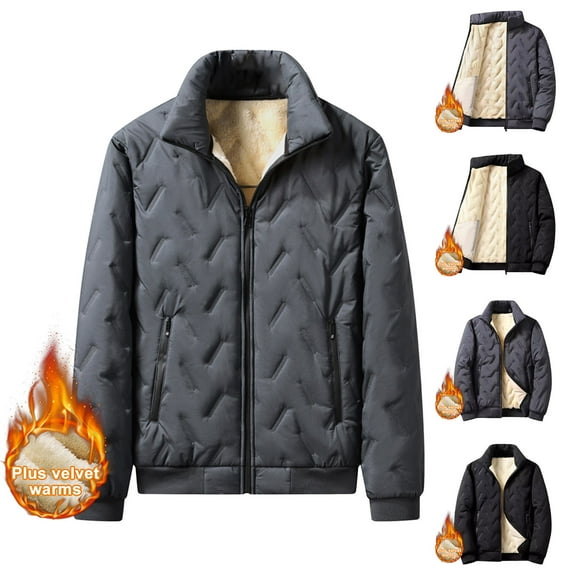 RYDCOT Men's Zipper Winter Warm Solid Color Cotton Jacket Long Sleeved Stand Collar Loose Coat Gray