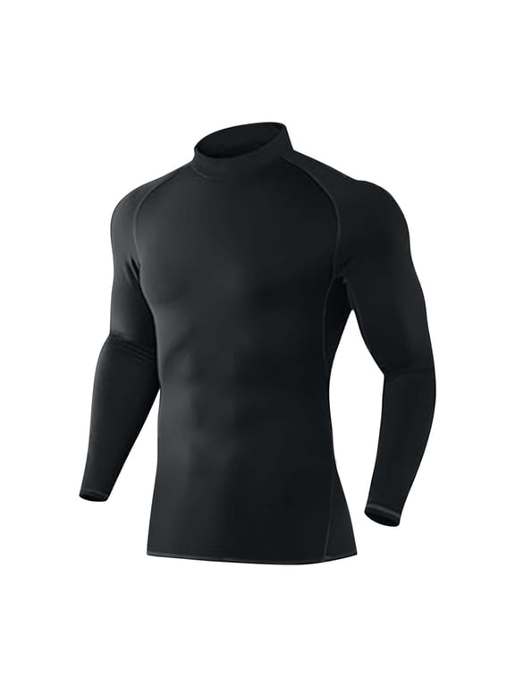 Men's thermal Compression Shirt Fleece Lined Long Sleeve Athletic Base Layer Cold Weather Gear Workout Top Black