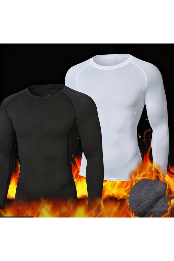 Men's thermal Compression Shirt Fleece Lined Long Sleeve Crewneck Athletic Base Layer Cold Weather Gear Fitness Workout Top White